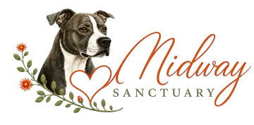 Midway Sanctuary logo featuring a detailed dog portrait, heart, and flowering branch
