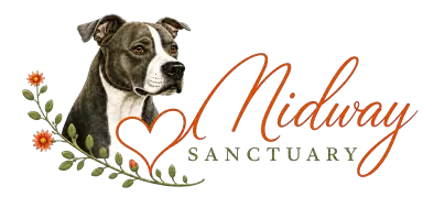 Midway Sanctuary logo featuring a detailed dog portrait, heart, and flowering branch